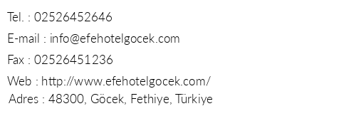 Efe Hotel Gcek telefon numaralar, faks, e-mail, posta adresi ve iletiim bilgileri